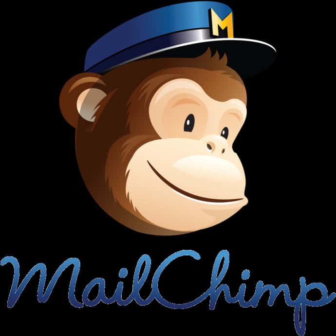 Email 桌布 壁紙 — 一隻戴著藍色帽子、上有黃色M標誌的開心卡通猴子，背景為黑色，並有藍色草書MailChimp文字。