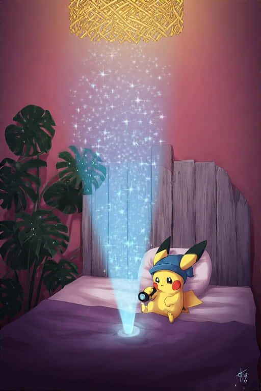 Dreamy Pikachu Bedtime Fairytale 壁紙 — 一隻戴著藍色帽子的黃色皮卡丘坐在紫色床上，將手電筒向上照射，在編織金色燈下創造出閃爍的星光光束，房間是粉紅色的，有龜背竹植物。