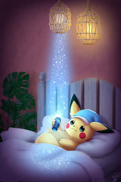 Dreamy Pikachu Bedtime Fairytale 壁紙 — 一隻戴著藍色睡帽的可愛皮卡丘躺在床上，床下有發光的柳條燈，閃爍的光芒從上方流瀉而下。