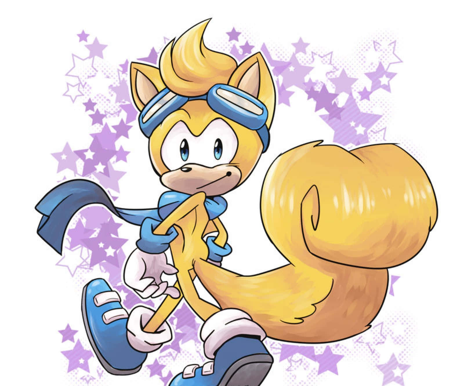 Ray The Flying Squirrel 桌布 壁紙 — 一隻戴著藍色護目鏡和鞋子的快樂黃色狐狸，在閃閃發光的紫色星空背景下充滿活力地奔跑。