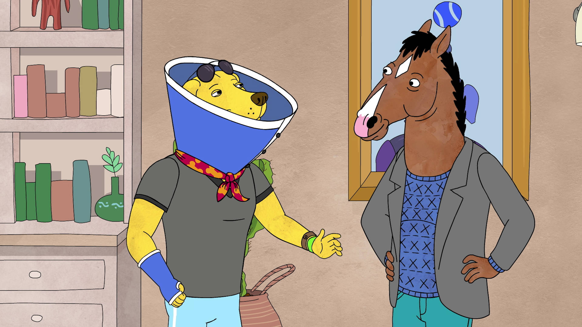 bojack 桌布 壁紙 — 一隻戴著藍色錐體的卡通狗在客廳裡與一匹馬交談，客廳裡有書架和鏡子。