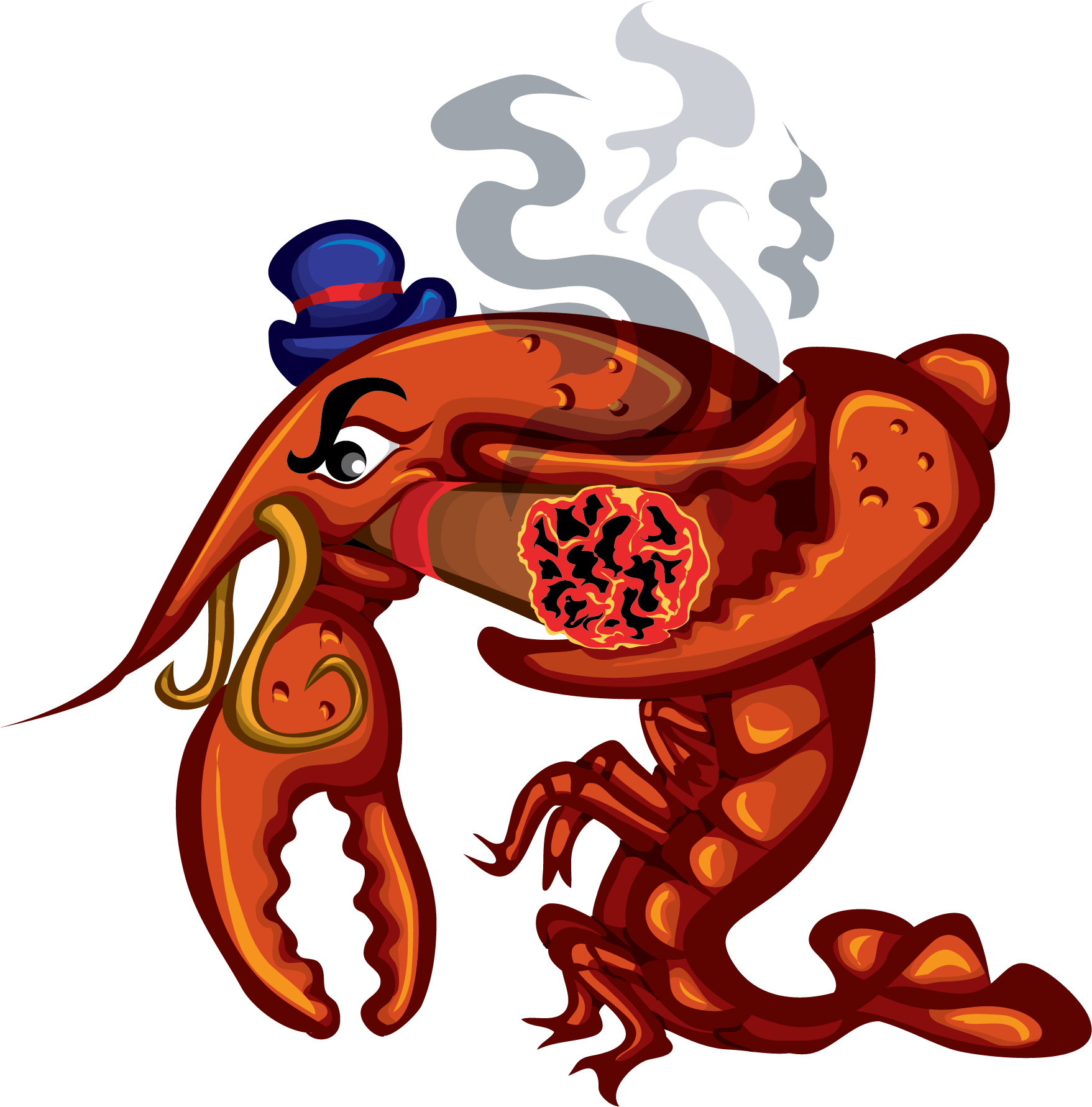 Crawfish 桌布 壁紙 — 一隻戴著藍色高帽的卡通龍蝦，在黑色背景下抽雪茄，嘴裡冒出蒸汽。