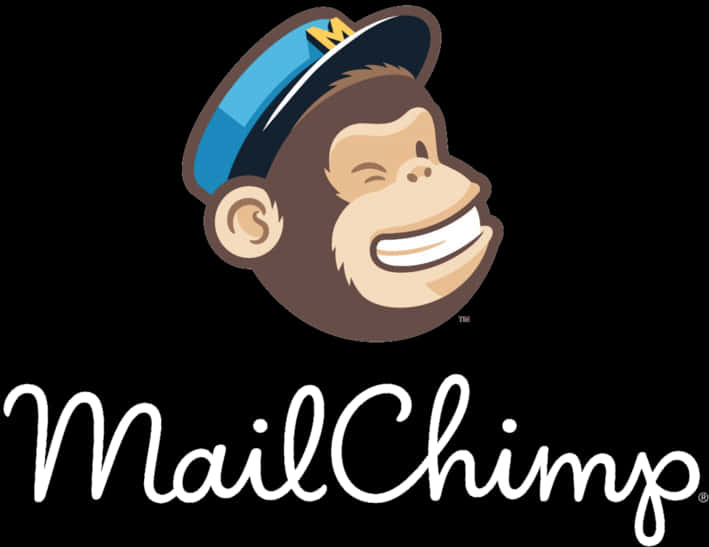 Email 桌布 壁紙 — 一隻戴著藍黑相間帽子、上有黃色「M」字的開心卡通猴子，在黑色背景上咧嘴大笑，下方有白色草書文字 MailChimp。