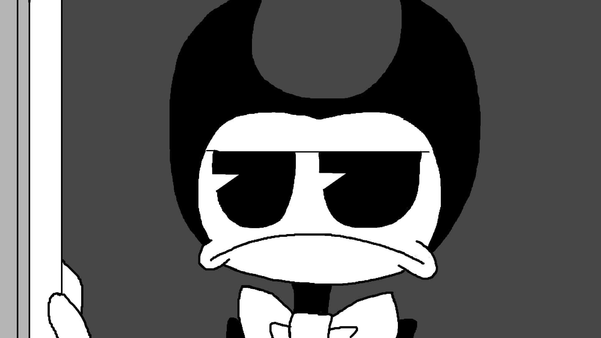 Bendy 桌布 壁紙 — 一隻戴著蝴蝶結和太陽眼鏡的黑白風格卡通鴨，從灰色背景的白色門框後面探出頭來。