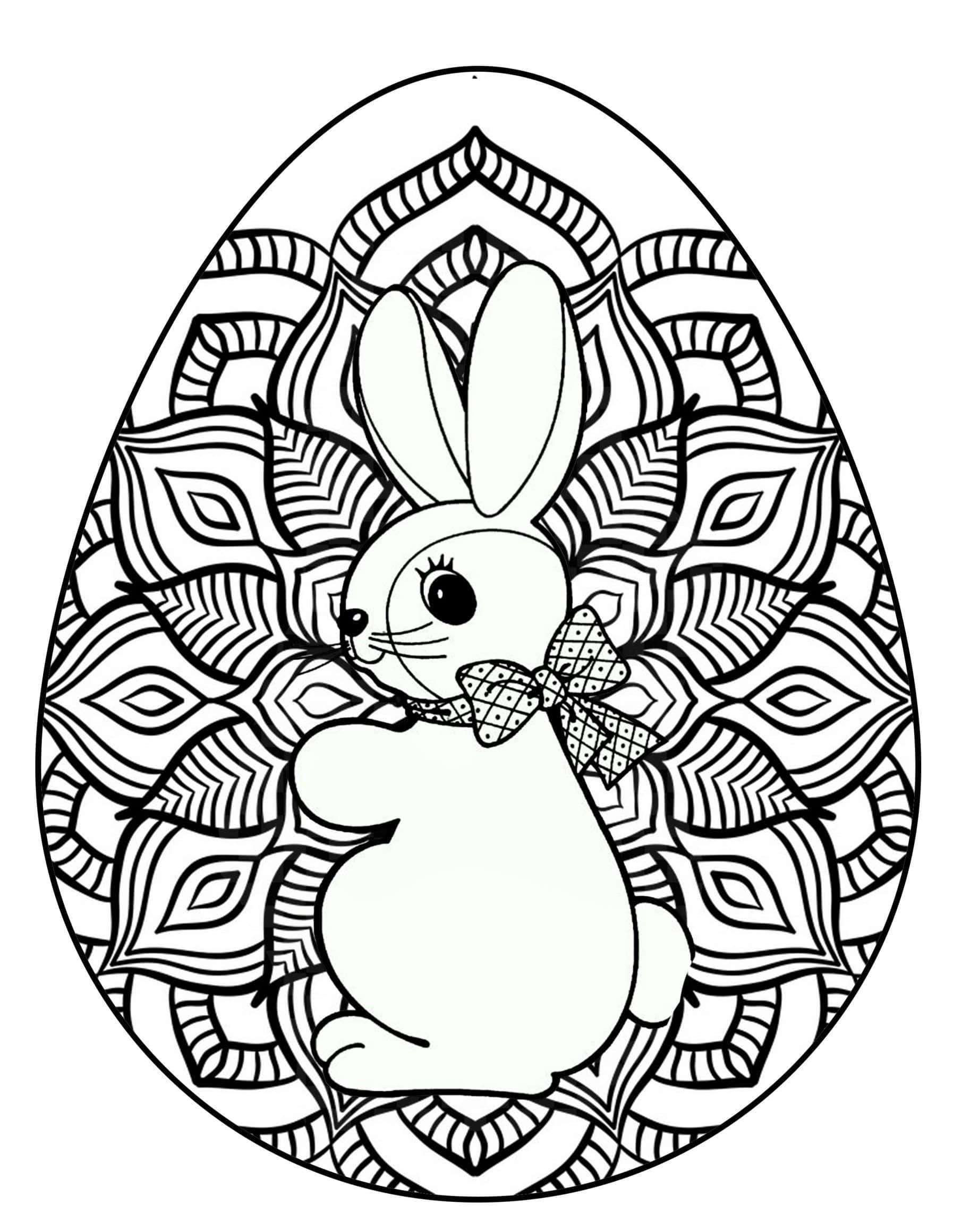 coloring 桌布 壁紙 — 一隻戴著蝴蝶結的可愛兔子坐在詳細的曼陀羅蛋輪廓內，準備上色。