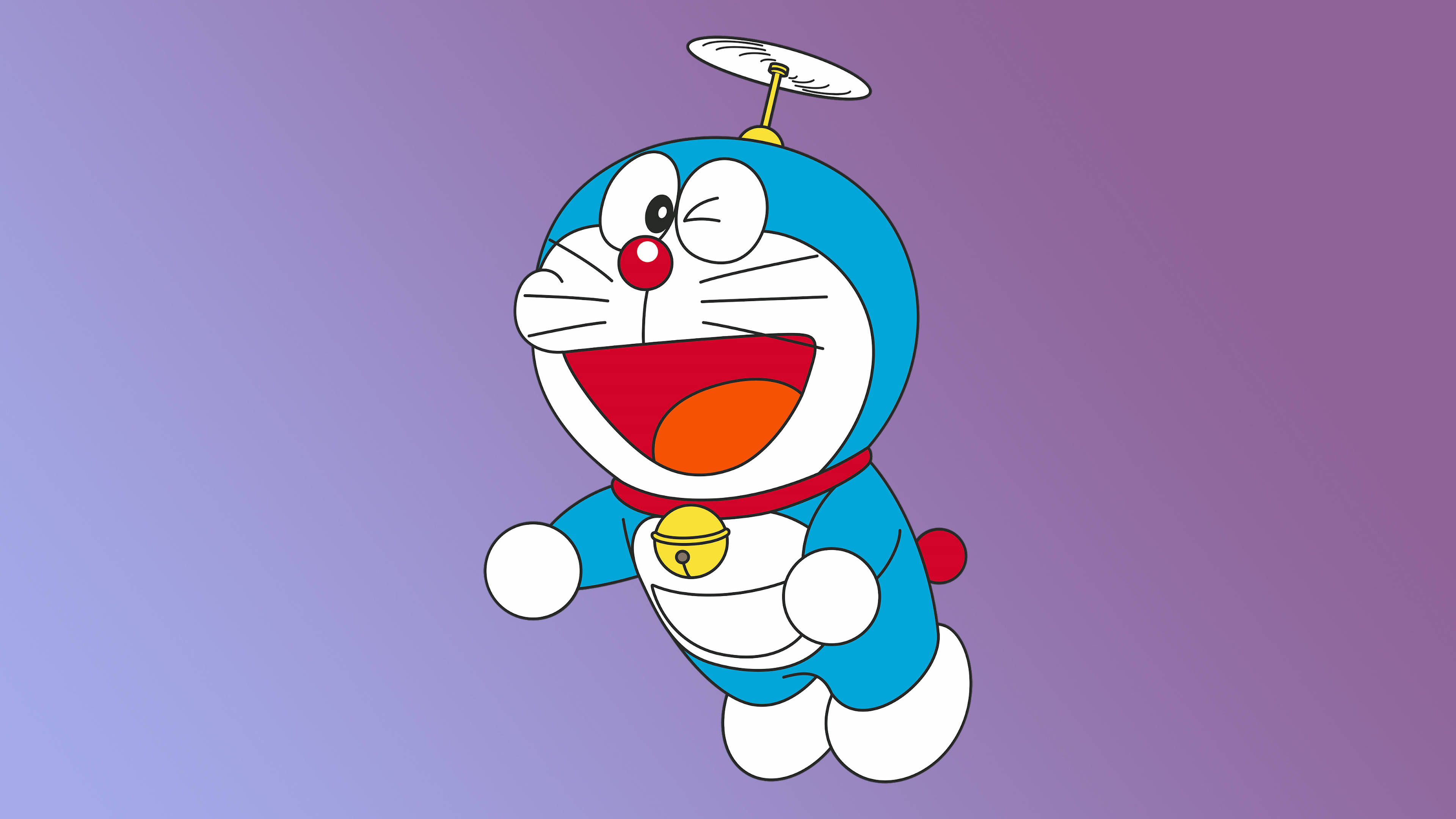 Doraemon 桌布 壁紙 — 一隻戴著螺旋槳帽和紅色鈴鐺的開心藍色機器貓，在紫色漸變背景前咧嘴大笑。