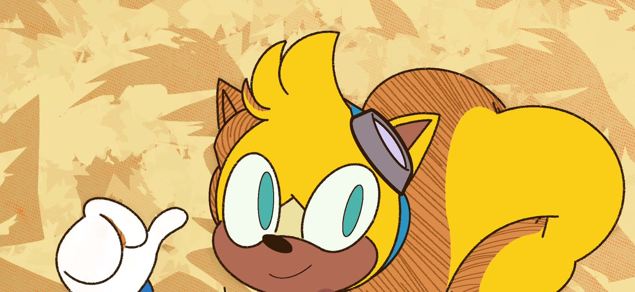 Ray The Flying Squirrel 桌布 壁紙 — 一隻戴著護目鏡、豎起大拇指、表情歡快的黃色擬人化狐狸，背景為有紋理的米色。