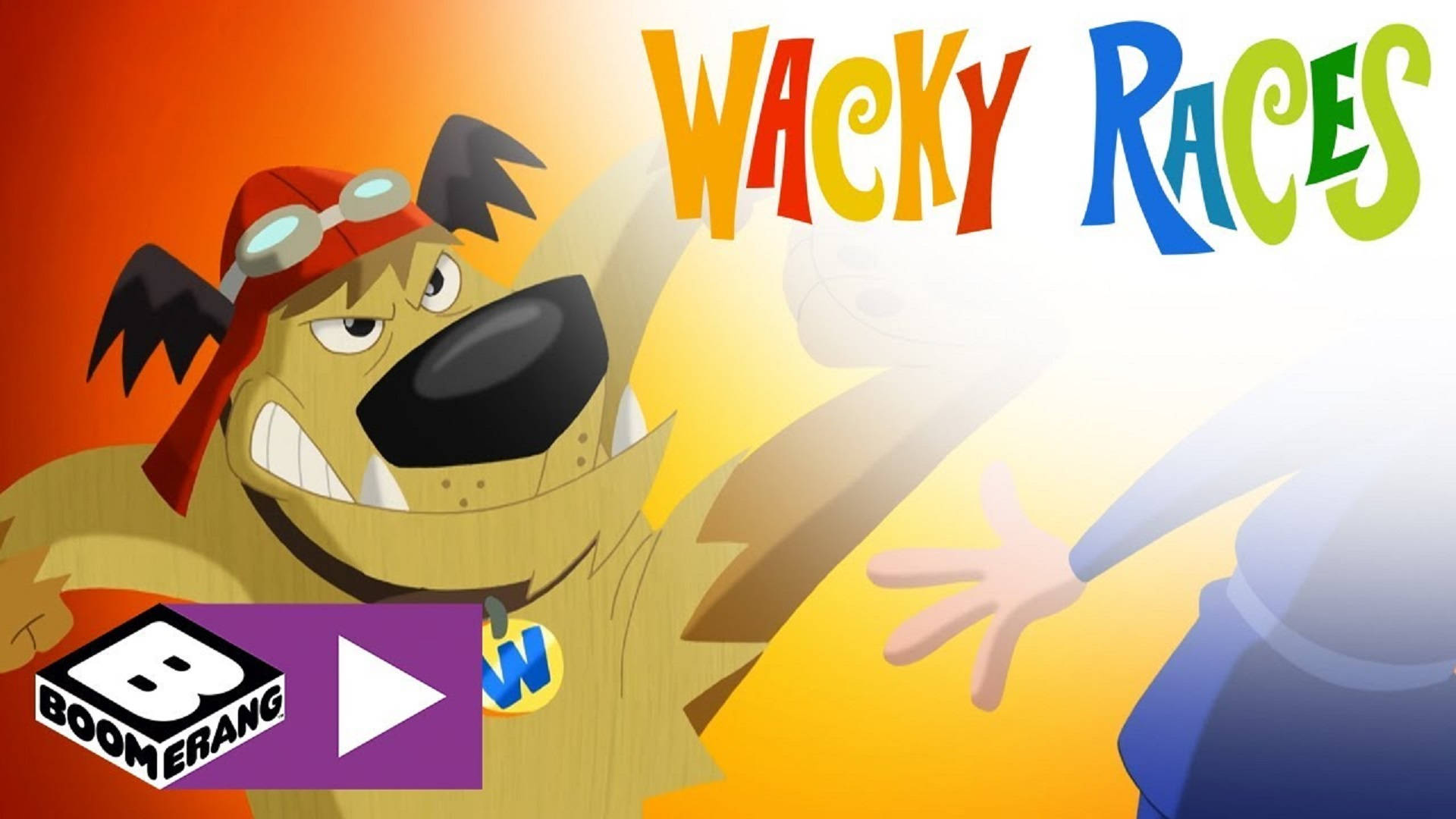 Muttley 桌布 壁紙 — 一隻戴著護目鏡和紅色頭巾的卡通狗，在明亮的橙黃漸層背景上，帶有「Wacky Races」標題，兇狠地咧嘴笑著。