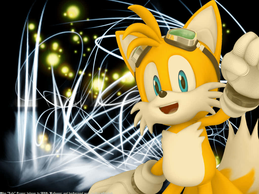 Tails 桌布 壁紙 — 一隻戴著護目鏡的快樂黃色雙尾狐狸，在充滿發光白色線條和金色球體的動態黑色背景上微笑揮手。
