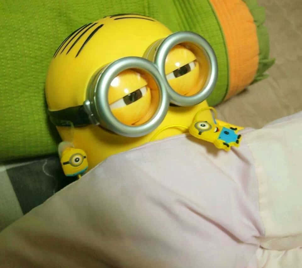搞笑 桌布 壁紙 — 一隻戴著護目鏡的黃色Minion絨毛玩具從床上的枕頭底下探出頭來。