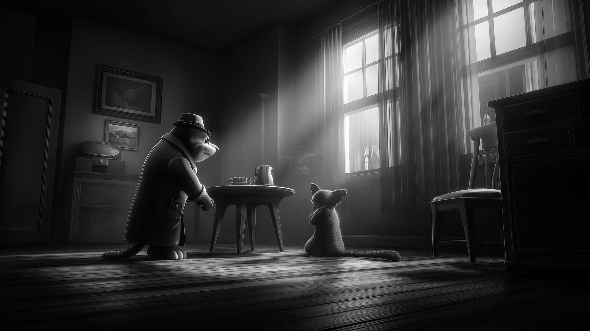 Noir Detective Cat Interrogation: Gritty Black and White Scene 壁紙 — 一隻戴著軟呢帽的偵探貓和一隻狐狸坐在一張桌子旁，房間光線昏暗，沐浴在戲劇性的窗光中。