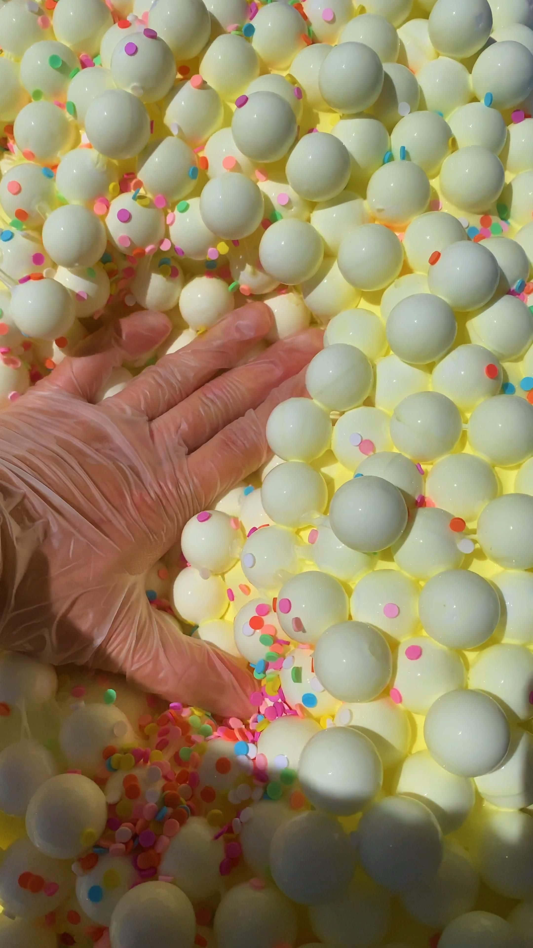 slime 桌布 壁紙 — 一隻戴著透明手套的手輕輕按入一片散落著彩色糖粒的白色塑膠球海洋中。