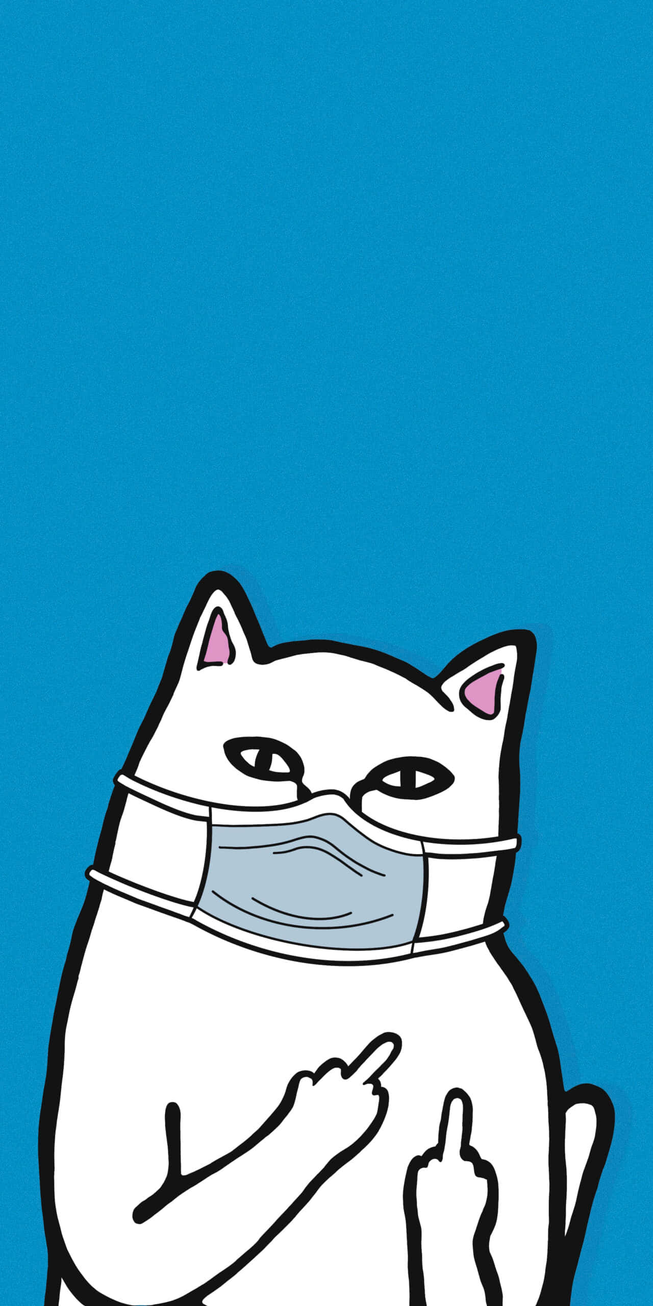 ripndip 桌布 壁紙 — 一隻戴著醫用口罩的卡通貓，在純藍色背景上挑釁地豎起雙手中指。