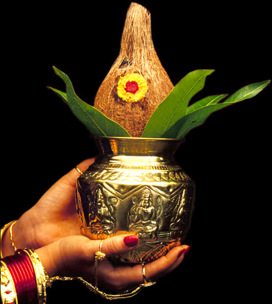 Hinduism 桌布 壁紙 — 一隻戴著金手鐲的手，拿著一個裝飾華麗的黃銅鍋，鍋上放著一個用花和綠葉裝飾的椰子，背景為黑色。