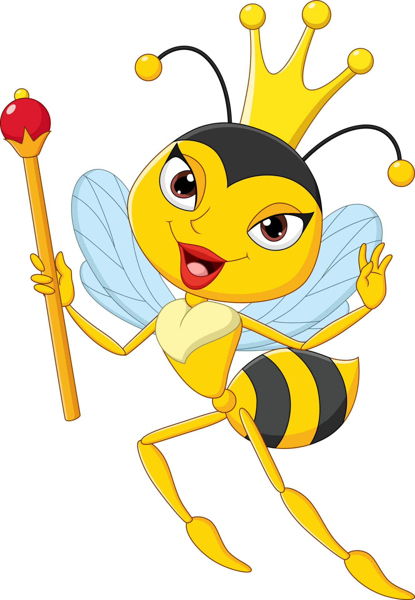 Queen Bee 桌布 壁紙 — 一隻戴著金色皇冠和權杖的卡通蜂后，在白色背景上頑皮地眨眼。