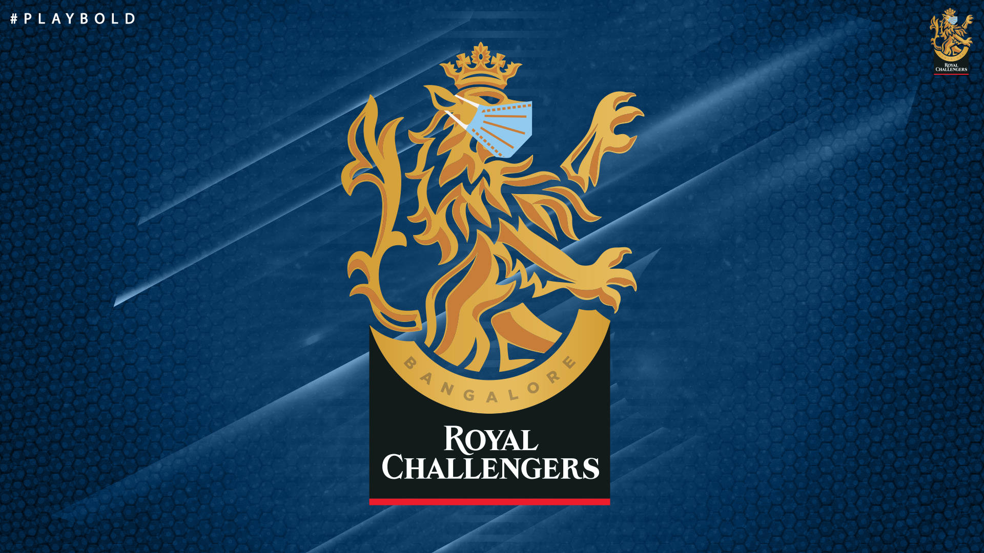 Royal 桌布 壁紙 — 一隻戴著金色皇冠的獅子，戴著藍色外科口罩，自豪地站在帶有光紋的深藍色紋理背景上。