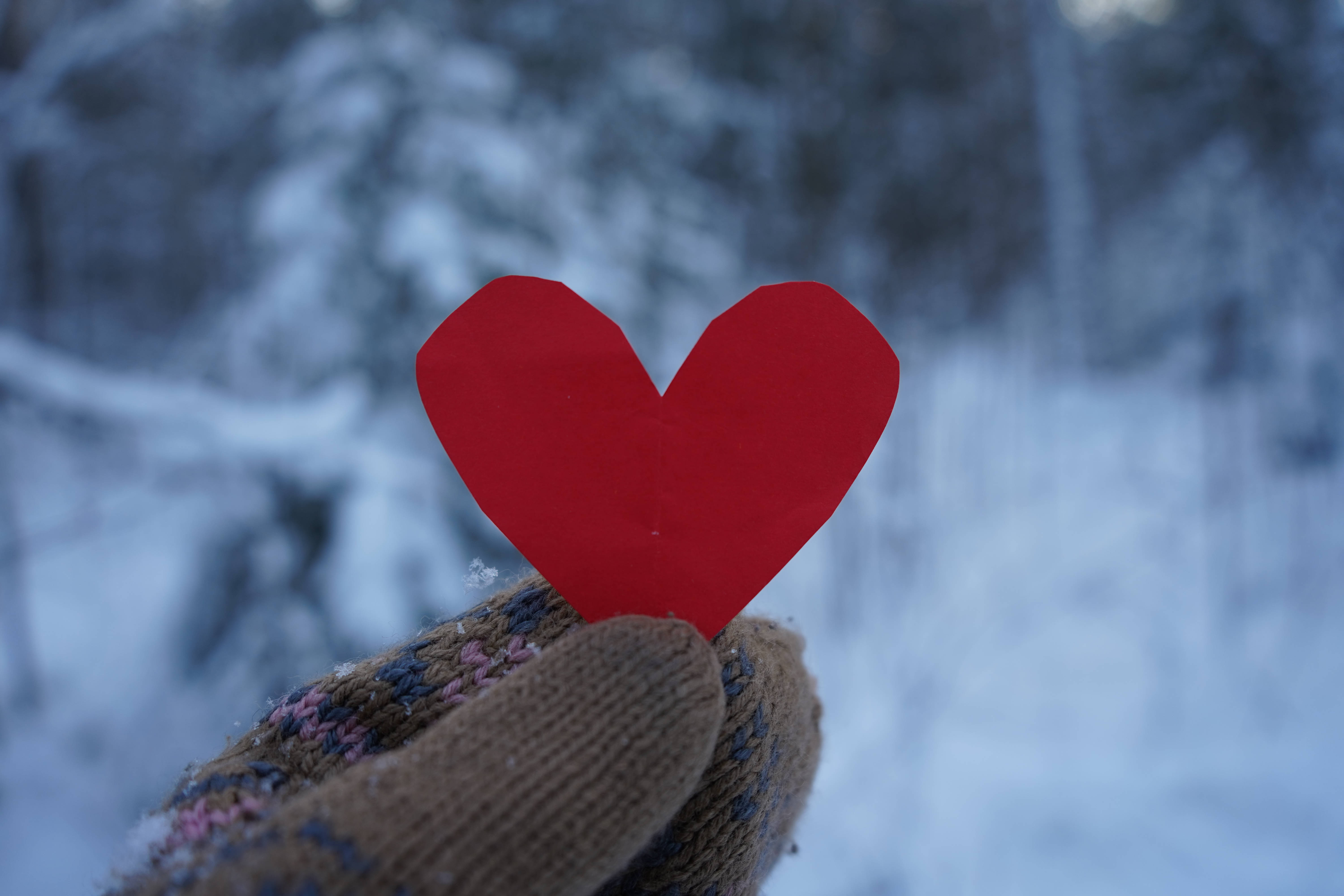 Cute Heart 桌布 壁紙 — 一隻戴著針織手套的手，在白雪皚皚的冬季森林背景下，拿著一個鮮紅色的紙心。