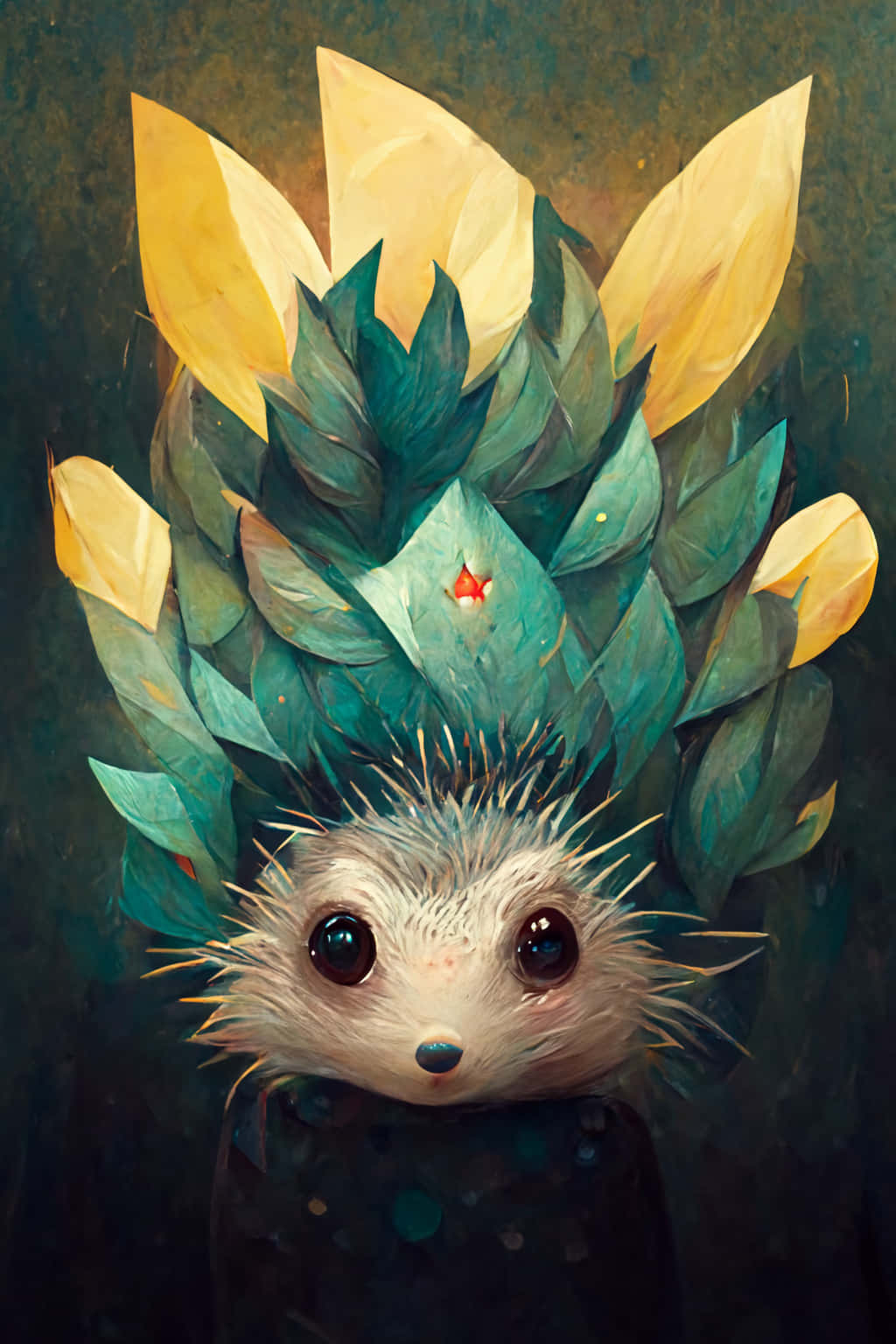 artwork 桌布 壁紙 — 一隻戴著青綠色和金色葉子皇冠的奇幻刺蝟，在深色紋理背景上，用一雙無辜的大眼睛向上凝視。