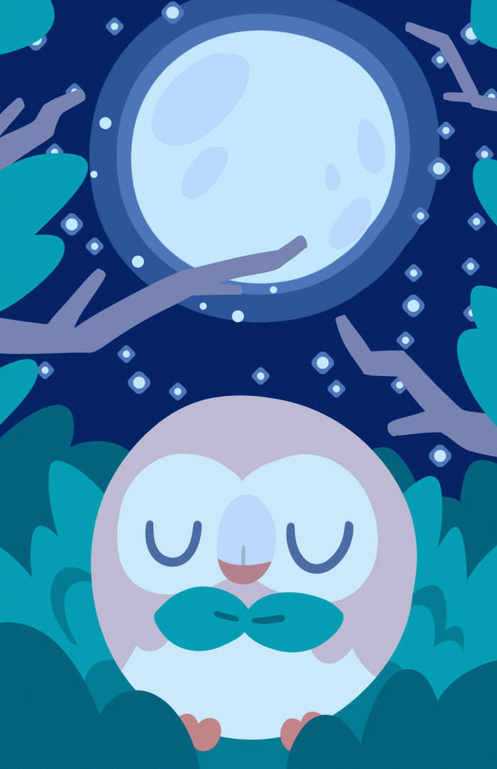 Rowlet 桌布 壁紙 — 一隻戴著青綠色蝴蝶結的可愛卡通貓頭鷹在滿月下安睡，周圍是星空和剪影樹枝。