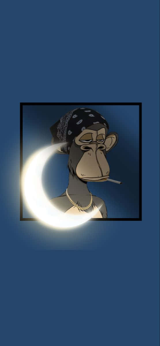 Crescent Moon 桌布 壁紙 — 一隻戴著頭巾和金鏈的卡通猴子在深藍色背景上被發光的彎月框住吸煙。