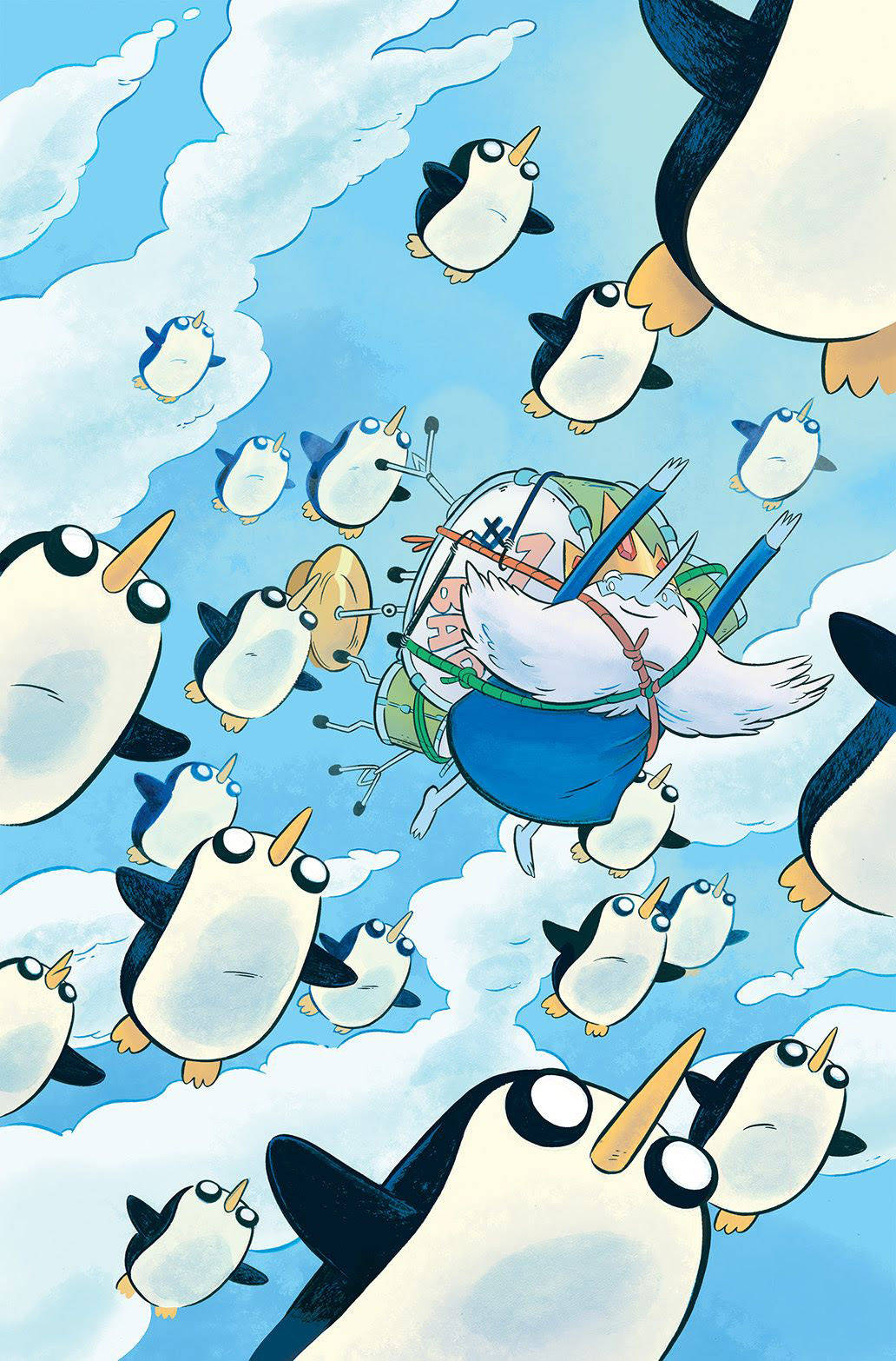 adventure 桌布 壁紙 — 一隻戴著頭盔和背包的古怪卡通企鵝漂浮在蓬鬆的雲朵中，周圍還有其他企鵝。