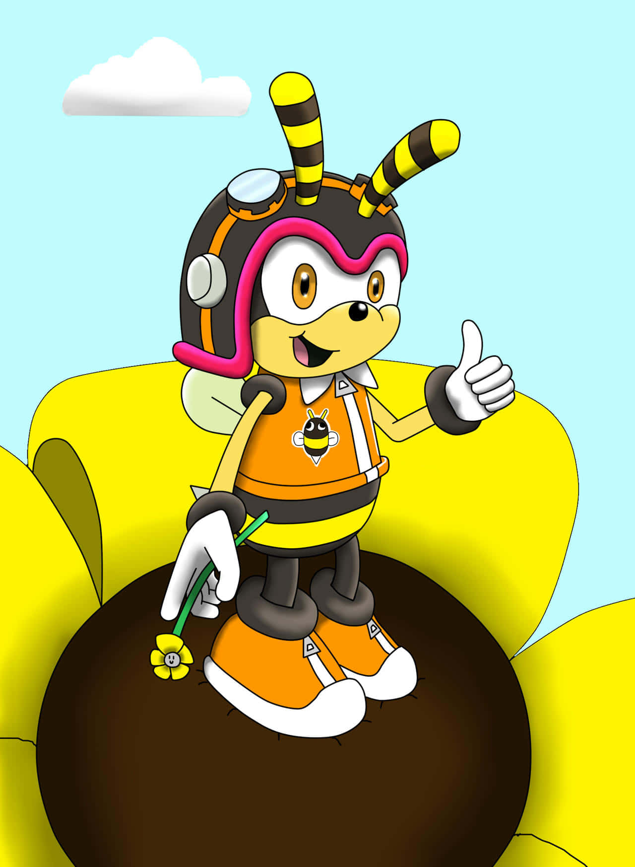 Charmy Bee 桌布 壁紙 — 一隻戴著飛行員頭盔的快樂卡通蜜蜂，在淺藍色天空下的巨型向日葵上豎起大拇指。