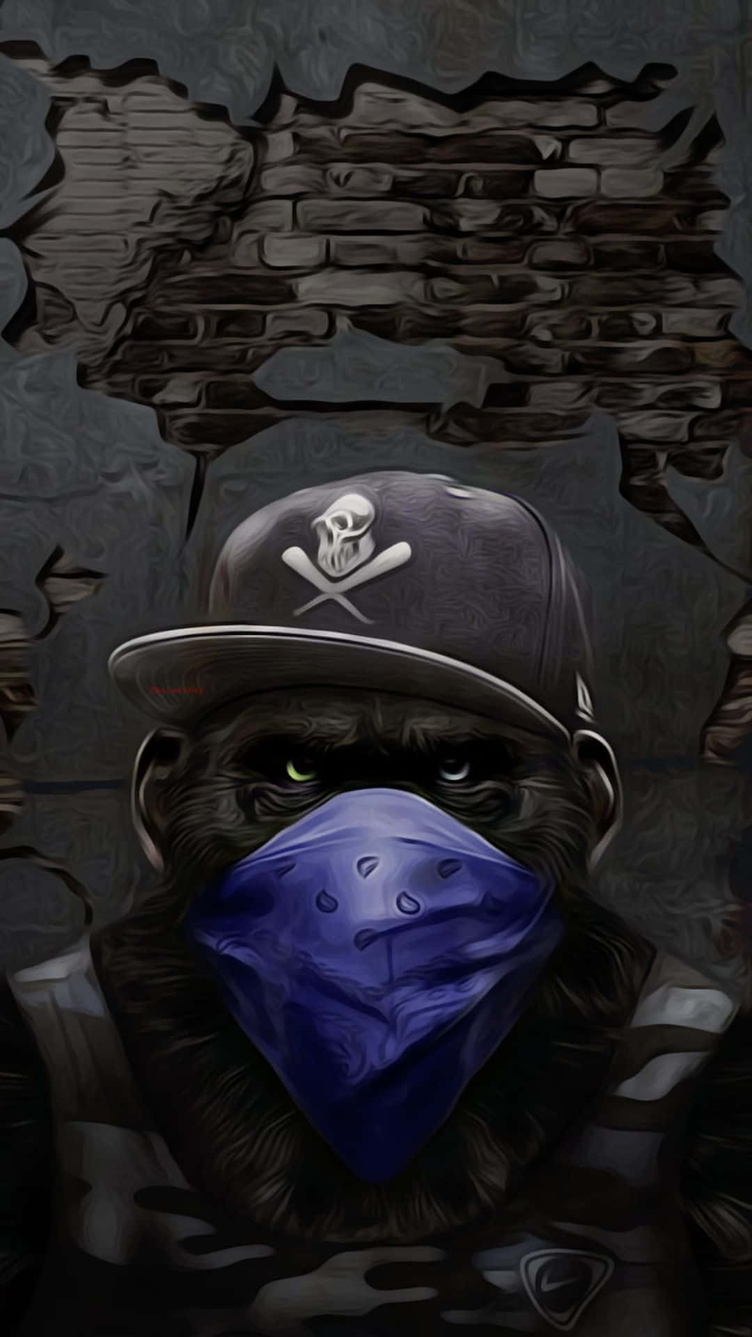Chimpanzee 桌布 壁紙 — 一隻戴著骷髏帽的面具猩猩站在破磚牆前，身處粗糙的城市場景中。