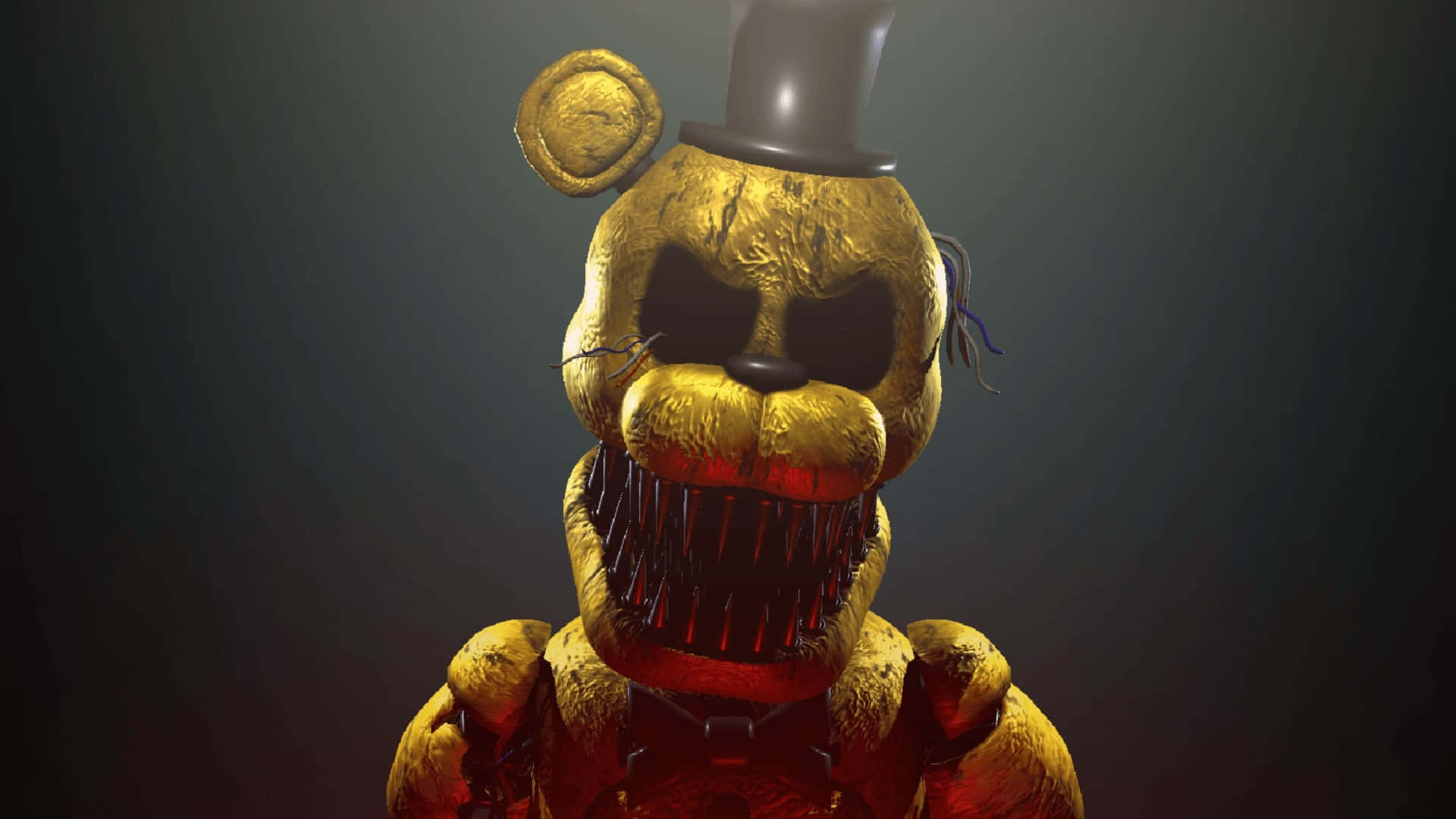 Golden Freddy 桌布 壁紙 — 一隻戴著高帽、嘴巴發出紅光的金色機械熊，在黑暗背景下露出兇猛的眼神。