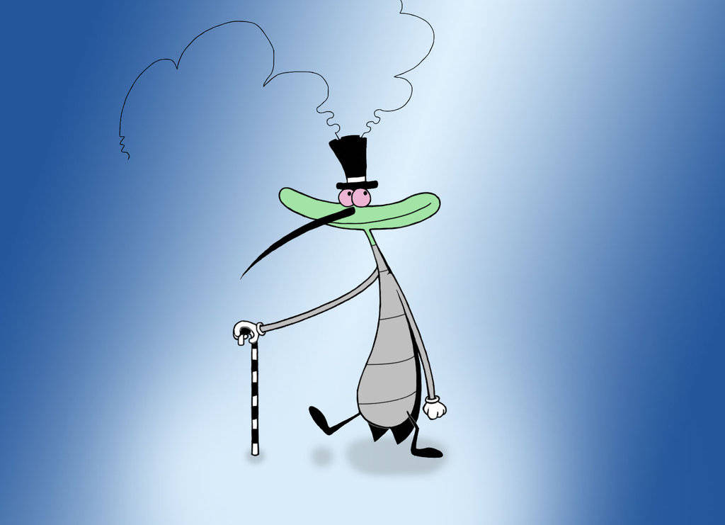 Cartoon 桌布 壁紙 — 一隻戴著高帽、拿著手杖的古怪綠色卡通昆蟲，在藍色漸變背景上自信地大步走。