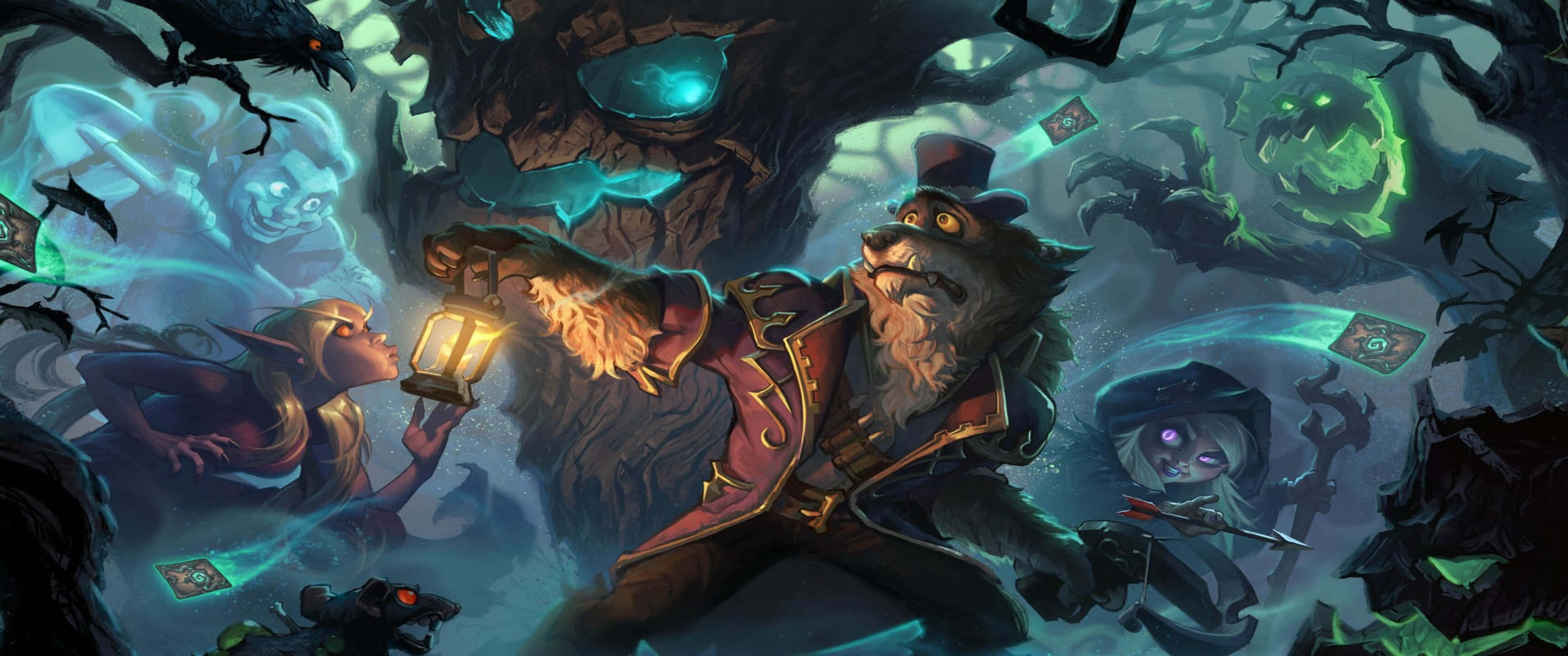 3440x1440p Hearthstone 桌布 壁紙 — 一隻戴著高帽和外套的獅子提著燈籠，被鬼魂般的身影和漂浮的紙牌包圍在黑暗神秘的森林中。