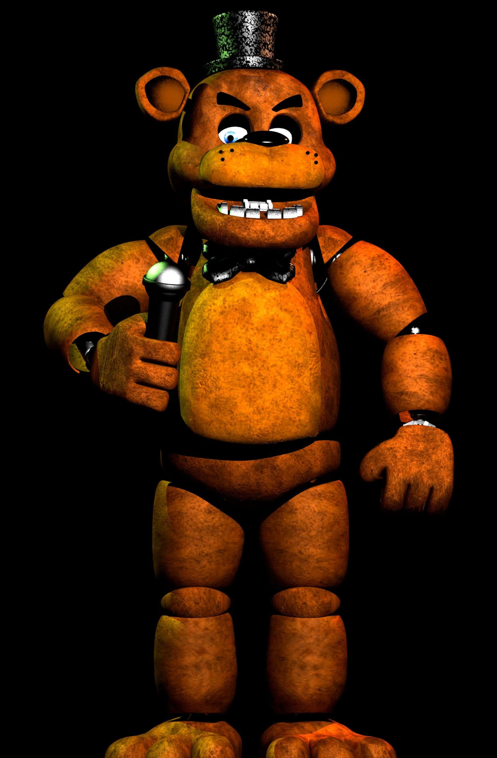 Freddy Fazbear 桌布 壁紙 — 一隻戴著高帽和拿著麥克風的橙色機械熊，在黑色背景前顯得威嚇。
