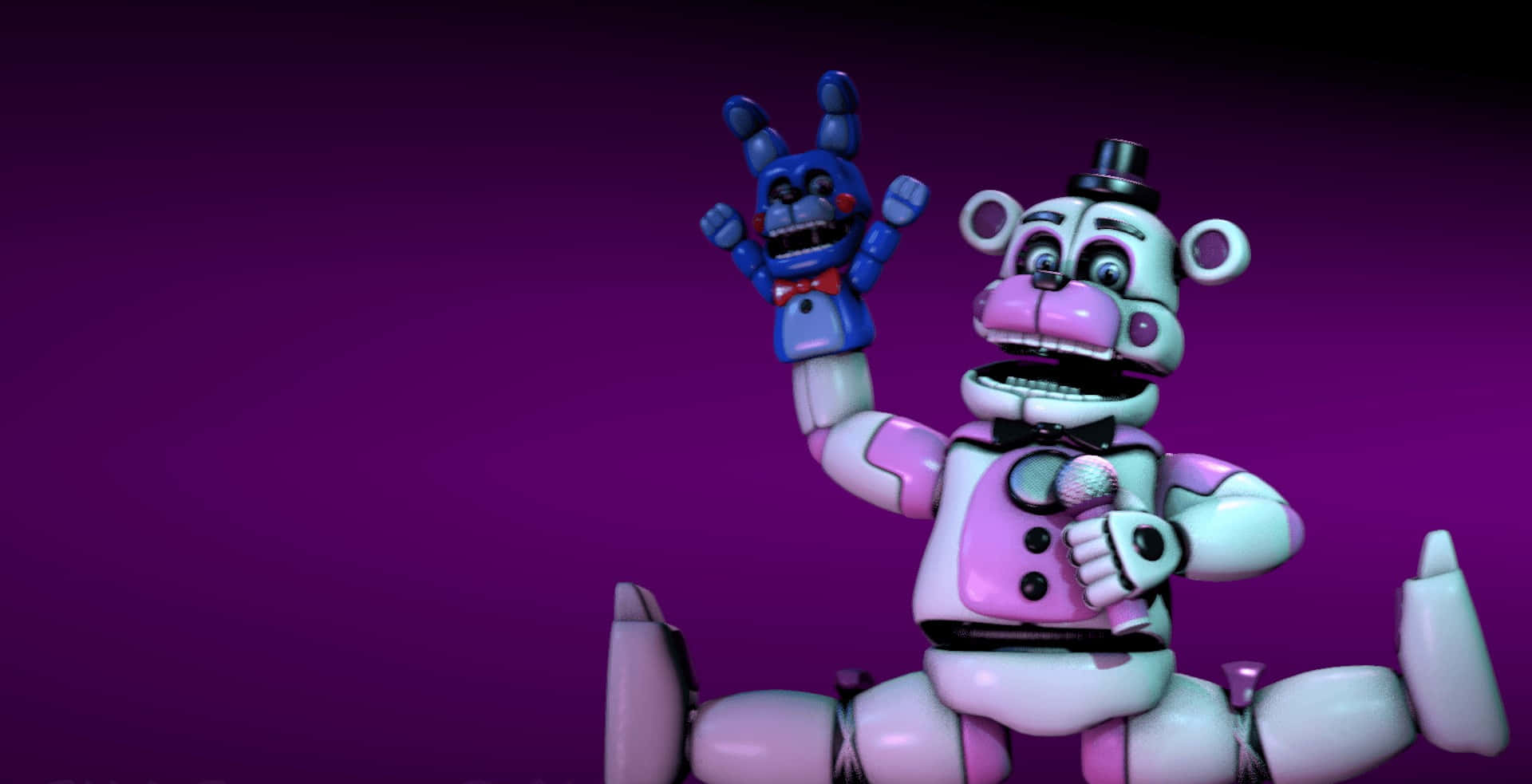 Funtime Freddy 桌布 壁紙 — 一隻戴著高帽和拿著麥克風的粉紅色電子熊，與一隻藍色電子兔在深紫色漸變背景前揮手。