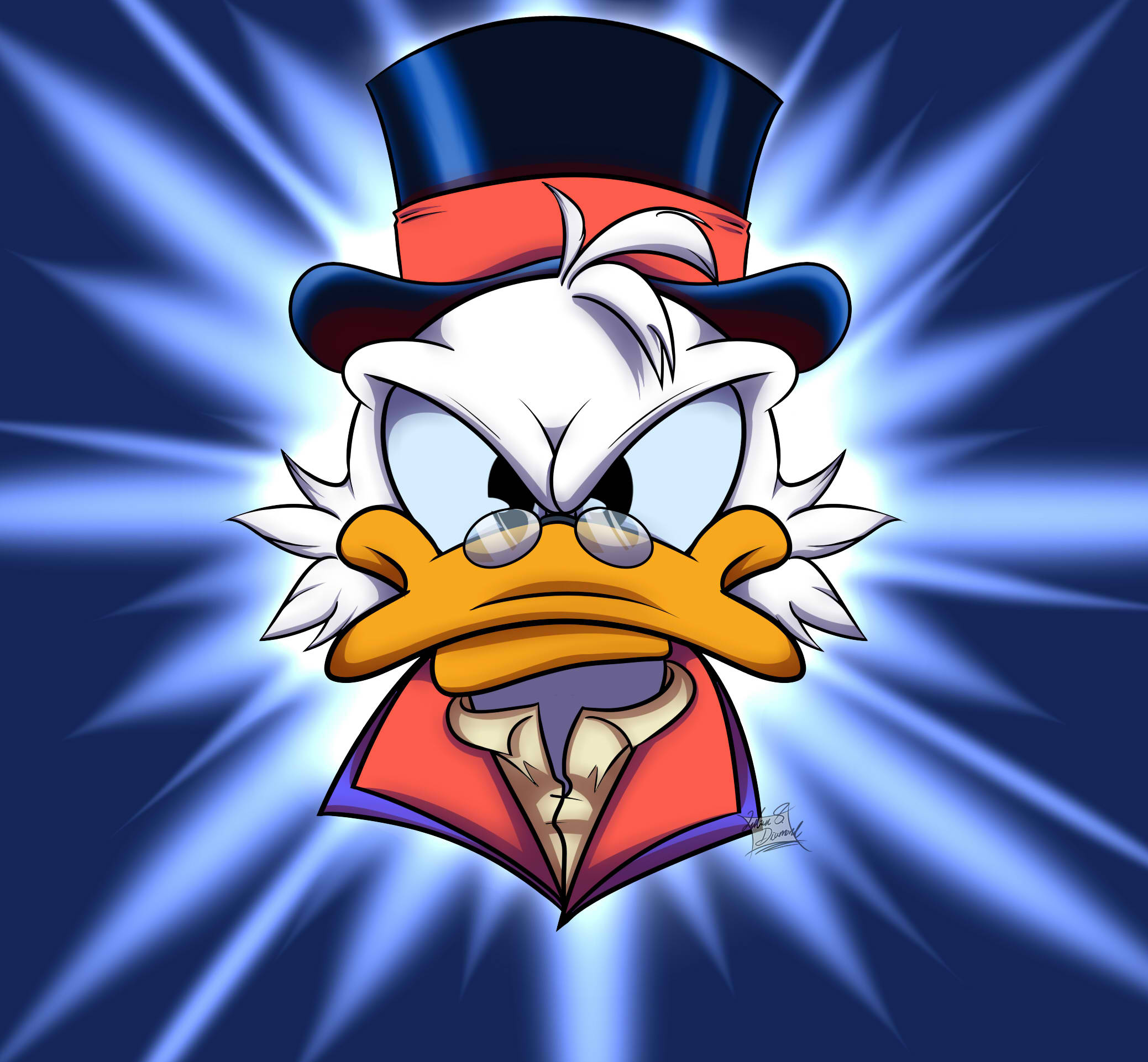 Scrooge 桌布 壁紙 — 一隻戴著高帽和眼鏡的卡通鴨，在燦爛的藍色爆發背景前兇狠地瞪著眼。