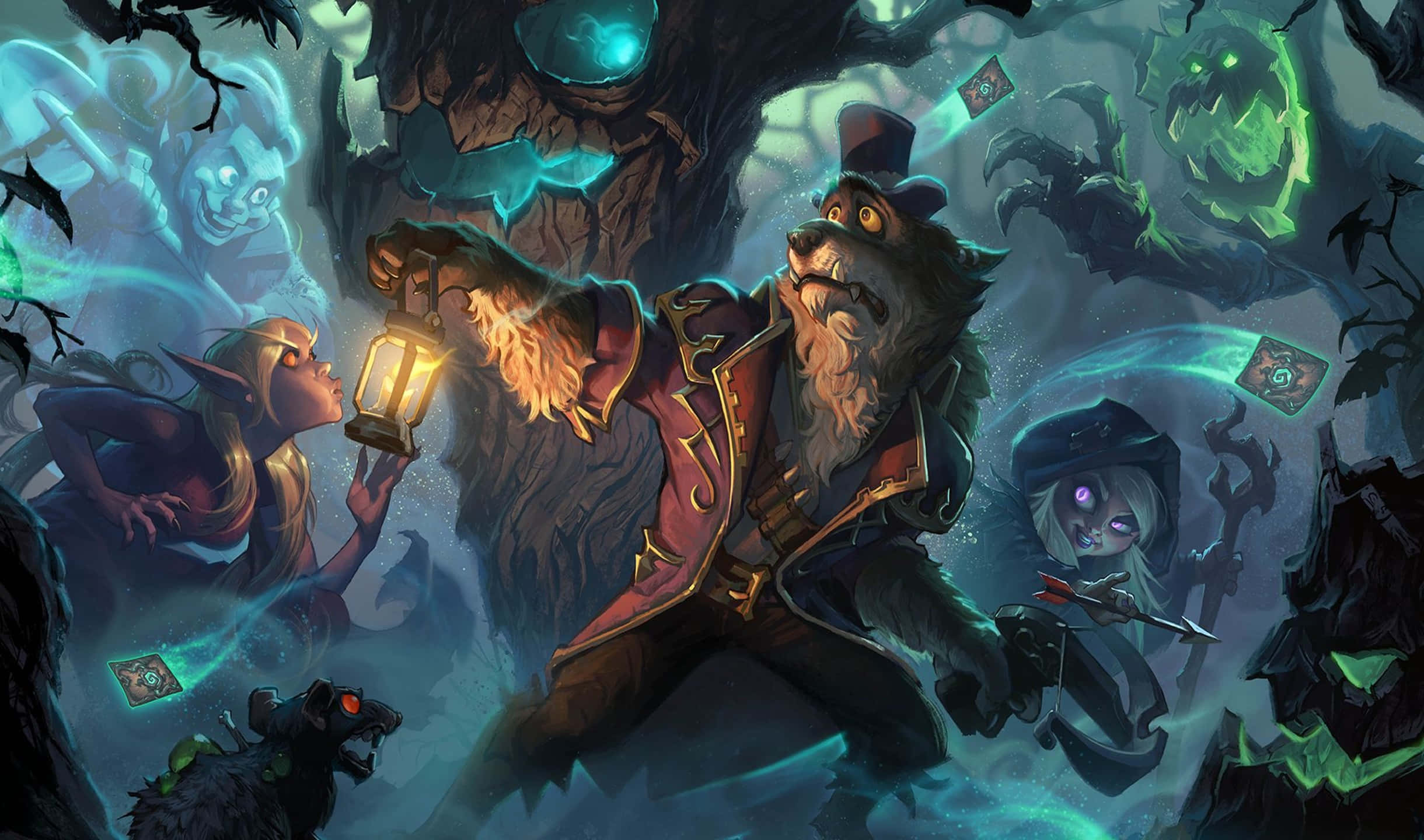 2440x1440 Hearthstone 桌布 壁紙 — 一隻戴著高帽和紅色外套的熊，在黑暗神秘森林中被鬼影和漂浮的紙牌包圍，手持燈籠。