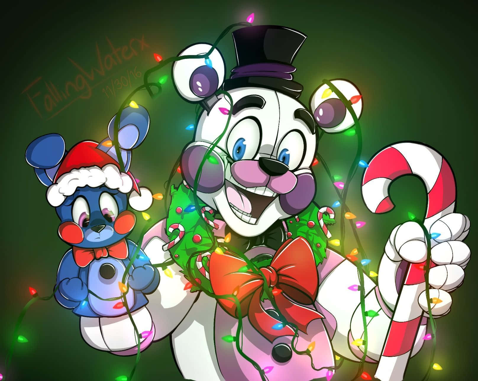 Cute Fnaf 桌布 壁紙 — 一隻戴著高帽和紅色蝴蝶結的快樂卡通熊，手持拐杖糖，纏繞在節日燈飾中，旁邊是一隻戴著聖誕帽的小藍鼠。