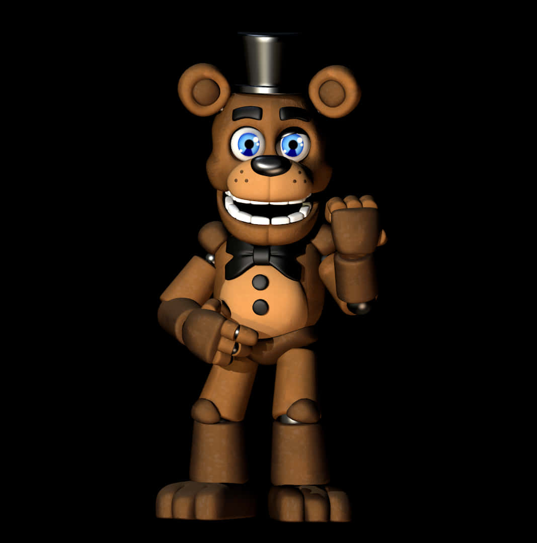 Fnaf Daycare 桌布 壁紙 — 一隻戴著高帽和領結的可怕棕色機械熊，在黑色背景前閃爍著藍色的眼睛。