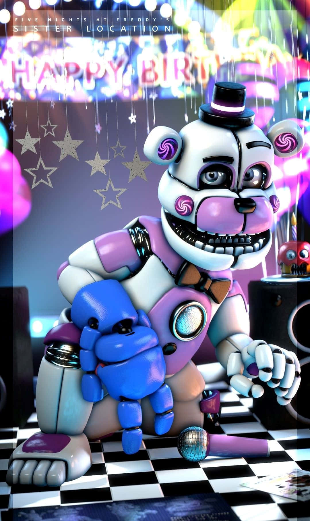 Funtime Freddy 桌布 壁紙 — 一隻戴著高帽和領結的恐怖機械熊，在閃爍的派對燈光下，於棋盤格地板上拿著一個藍色毛絨玩具。