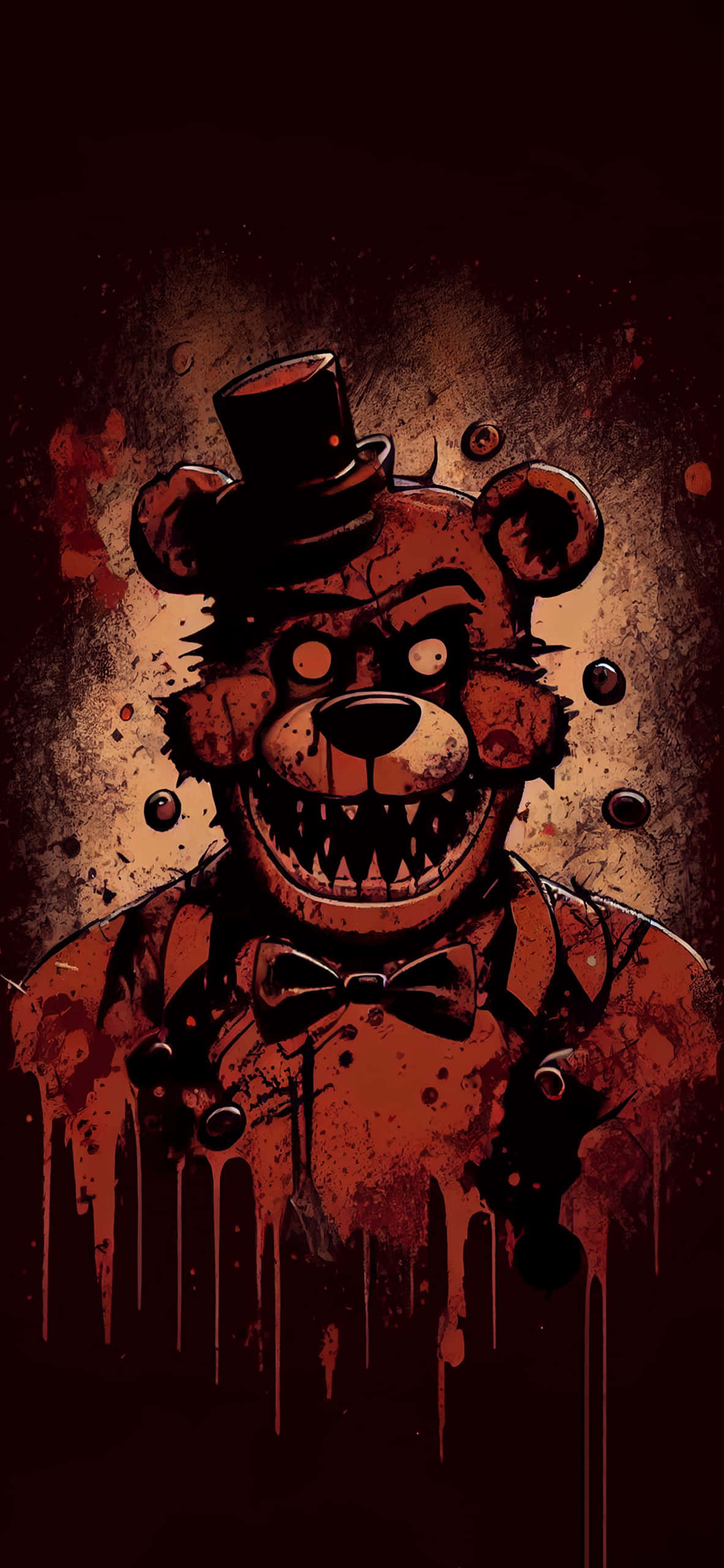 Scary Fnaf 桌布 壁紙 — 一隻戴著高帽和領結的恐怖機械熊在深色紋理背景上滴著血。