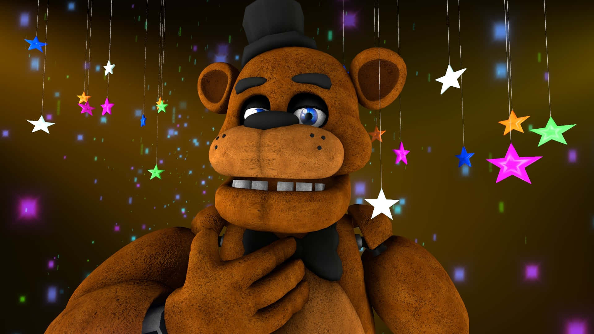 Freddy Fazbear 桌布 壁紙 — 一隻戴著高帽和領結的棕色電子熊，雙手捧著胸口，周圍懸掛著彩色星星，背景是發光的黑暗。