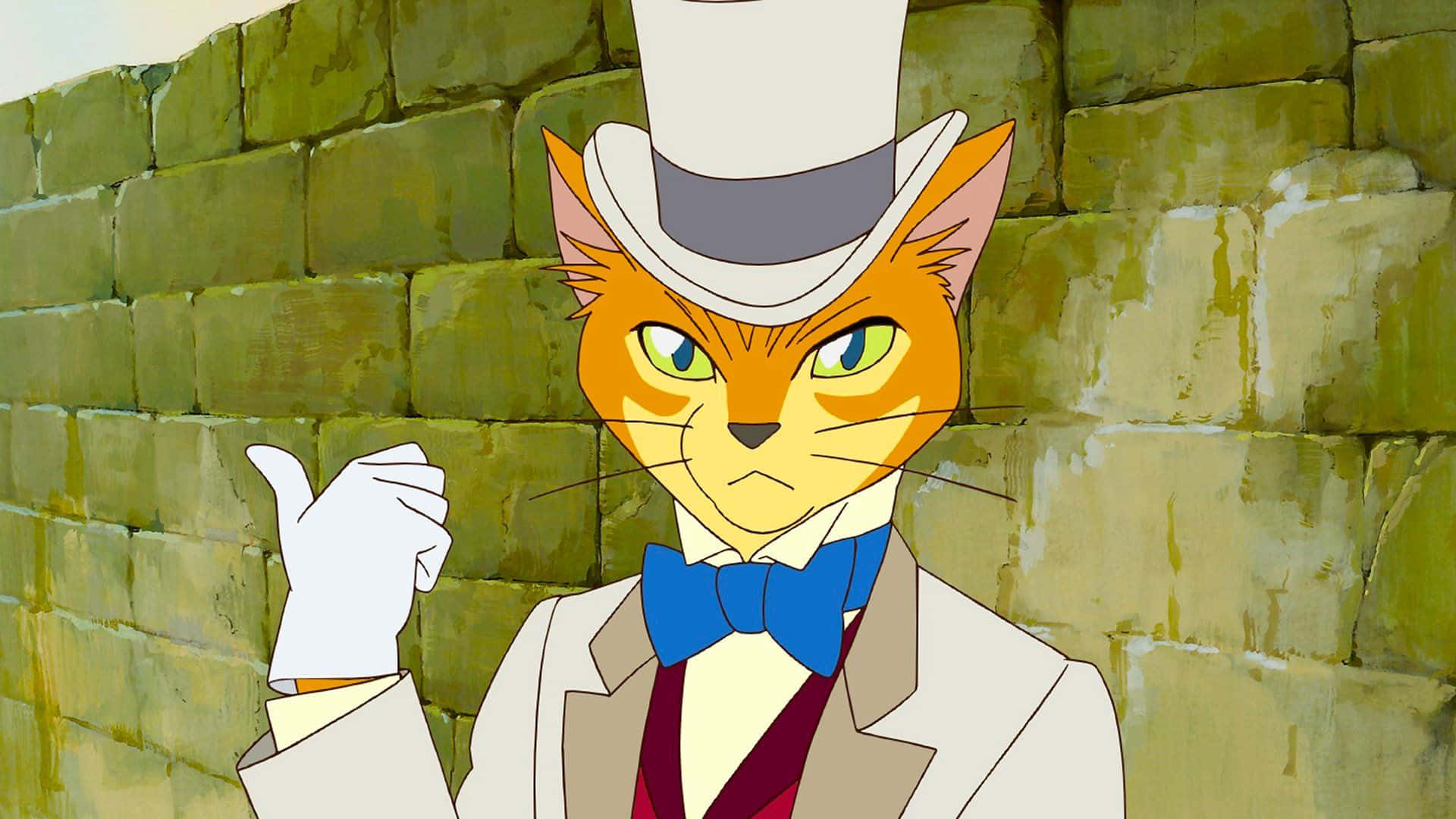 the cat returns 桌布 壁紙 — 一隻戴著高帽和領結的橘色貓咪，自信地對著長滿青苔的石牆做手勢。