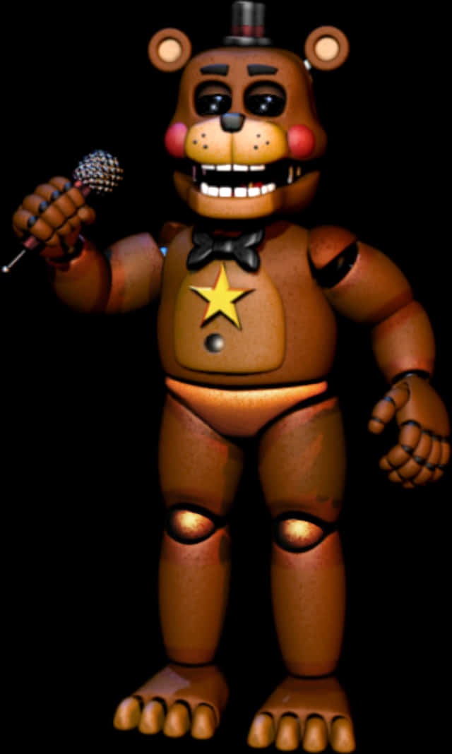 Freddy Fazbear 桌布 壁紙 — 一隻戴著高帽和麥克風的威脅性棕色電子熊站在黑色背景前。