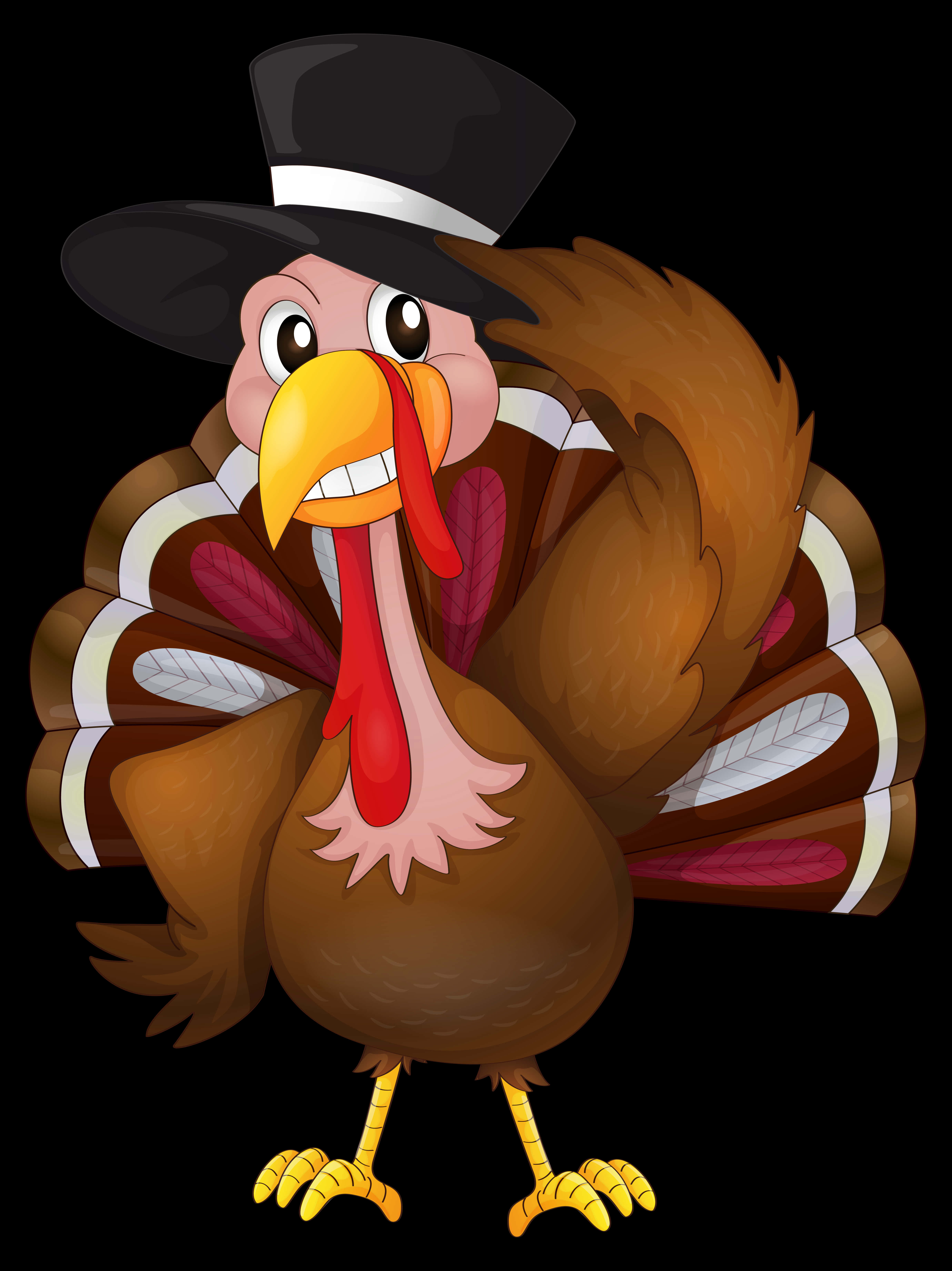 Cartoon Thanksgiving 桌布 壁紙 — 一隻戴著高帽的卡通火雞，在黑色背景上自豪地微笑，尾巴羽毛展開如扇。