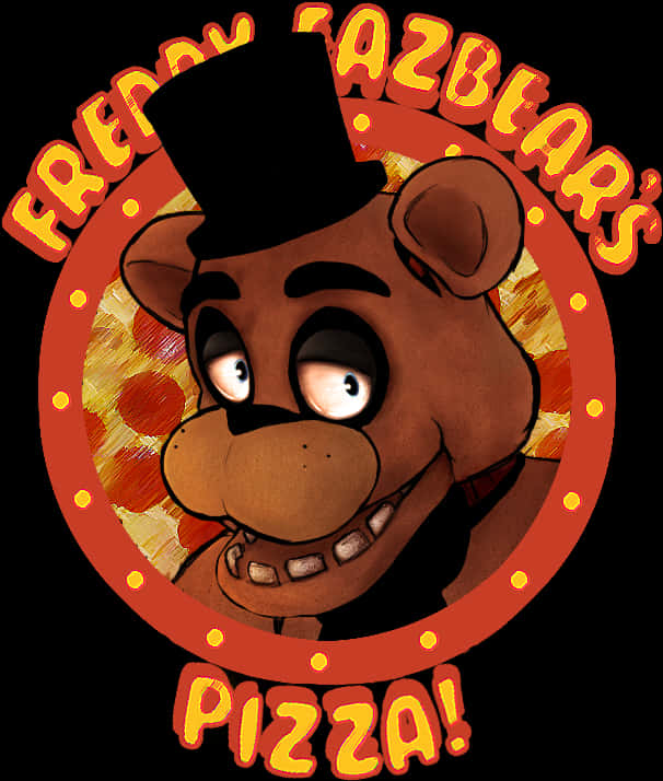 Freddy Fazbear 桌布 壁紙 — 一隻戴著高帽的卡通熊，睜大眼睛微笑，背景是披薩主題的圓形標誌，帶有粗體橙色文字。