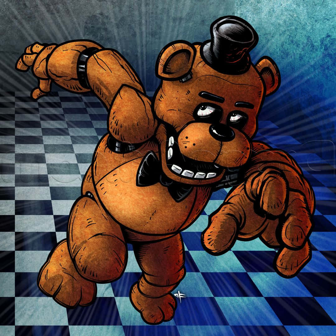 Freddy Fazbear 桌布 壁紙 — 一隻戴著高帽的威脅性棕色機械熊在藍灰色格子地板上向前猛撲。