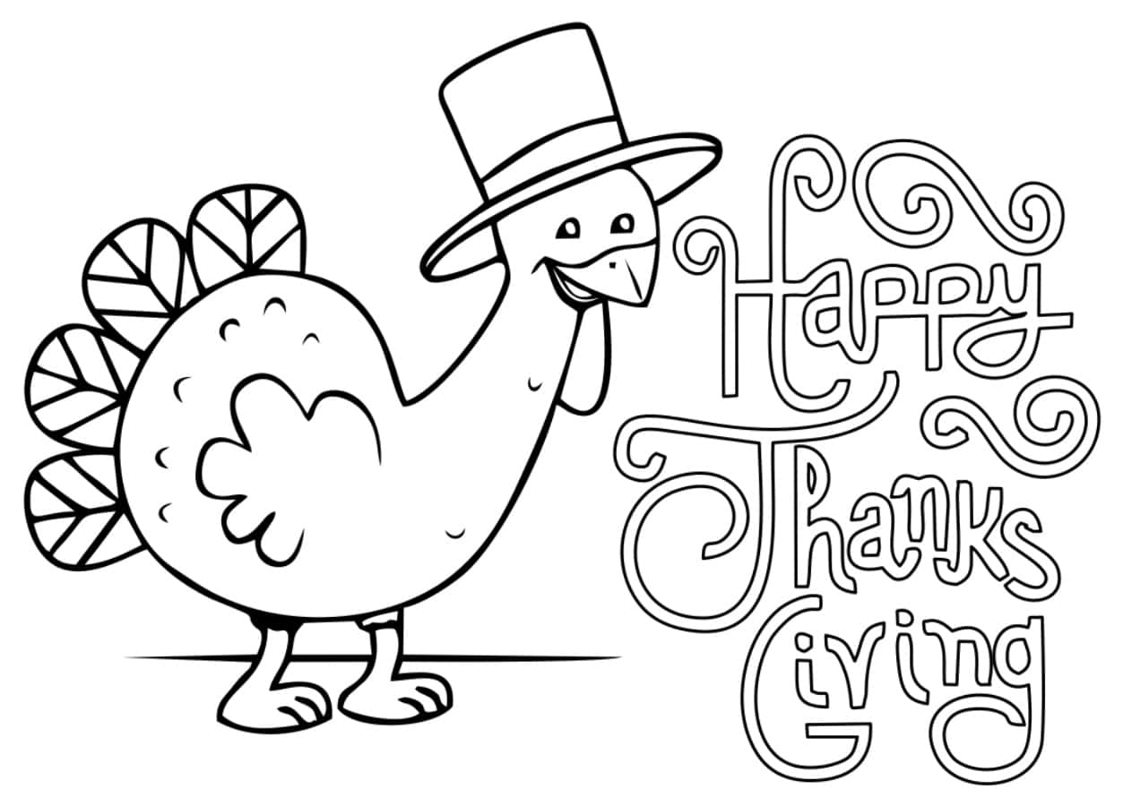 Thanksgiving Coloring 桌布 壁紙 — 一隻戴著高帽的快樂卡通火雞站在黑白線條藝術風格、裝飾華麗的「Happy Thanksgiving」字樣旁邊。