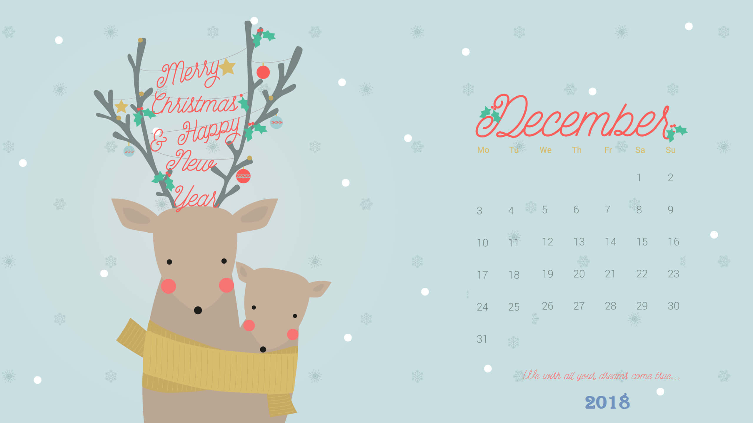 Cute December 桌布 壁紙 — 一隻戴著黃色圍巾的節日卡通鹿和幼鹿，鹿角上掛著聖誕裝飾，背景是淺藍色雪景和2018年12月日曆。