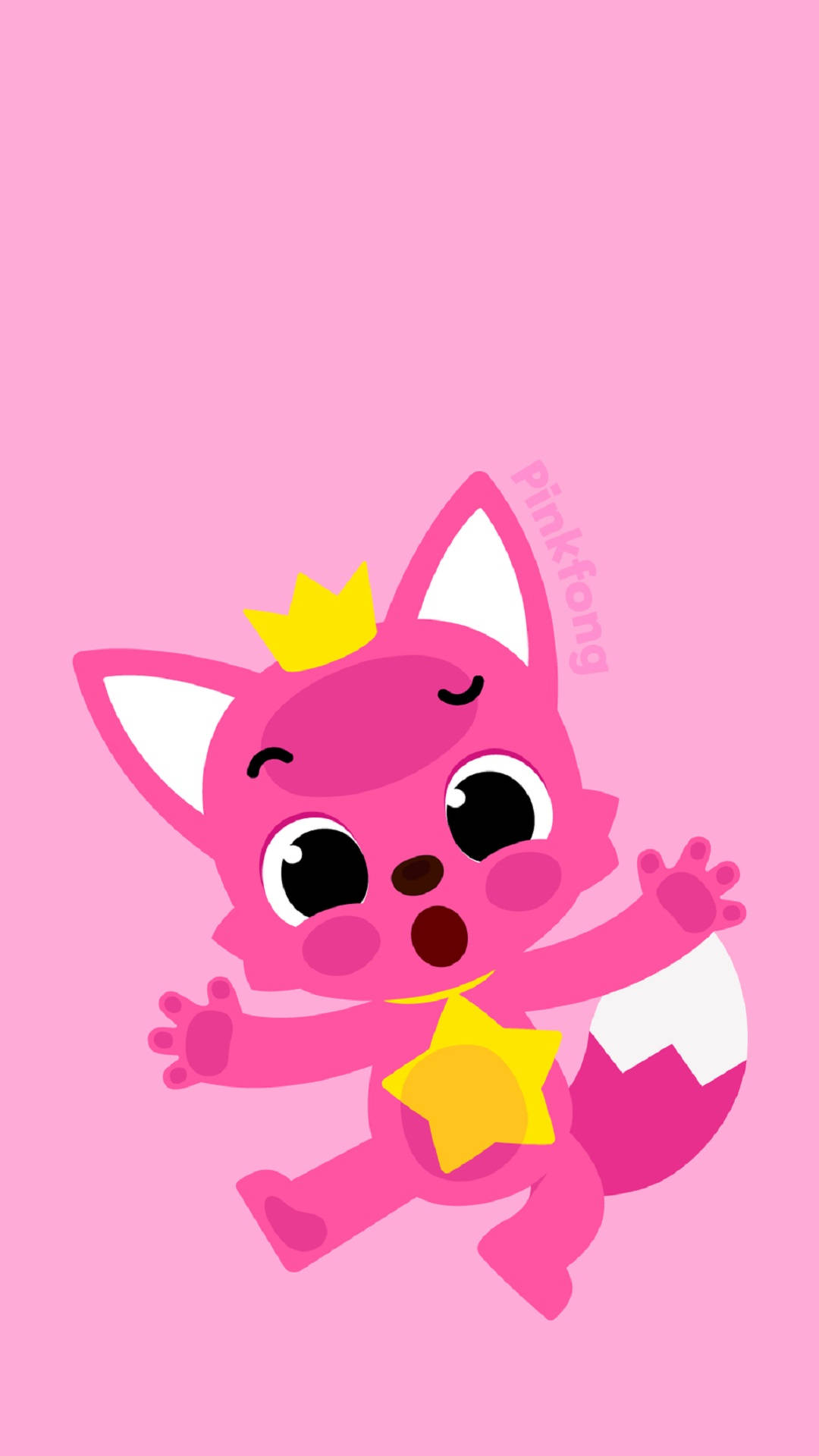 Pinkfong 桌布 壁紙 — 一隻戴著黃色皇冠和星星的開心粉紅色卡通狐狸在純粉紅色背景上快樂地奔跑。