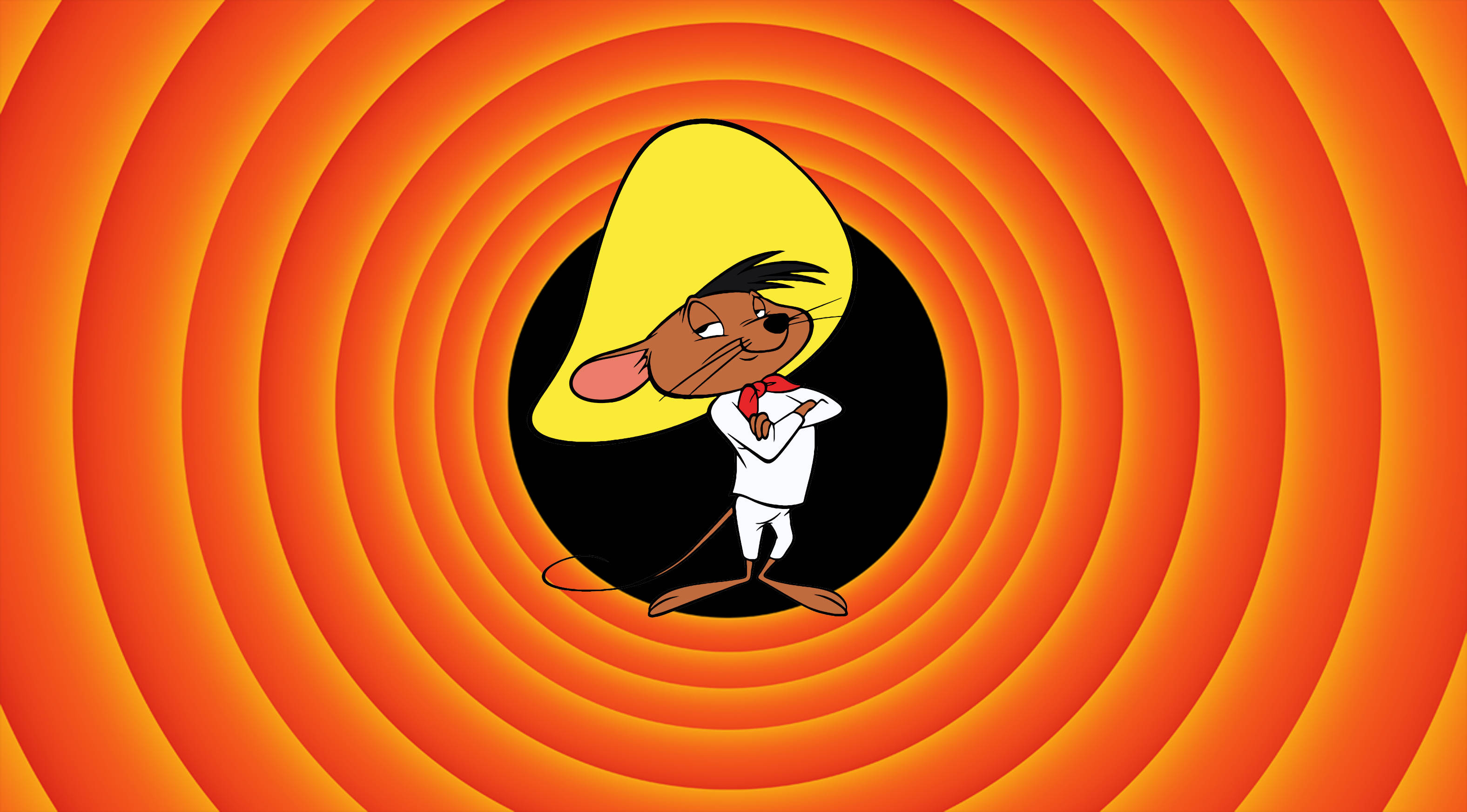 Speedy Gonzales 桌布 壁紙 — 一隻戴著黃色闊邊帽的卡通老鼠自信地站在催眠般的橙色螺旋隧道中央。