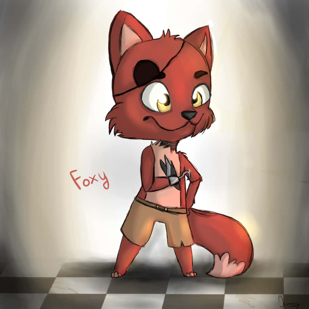 Foxy 桌布 壁紙 — 一隻戴著黑色眼罩和頭巾的快樂紅狐，在柔和聚光燈下自信地站在棋盤格地板上。