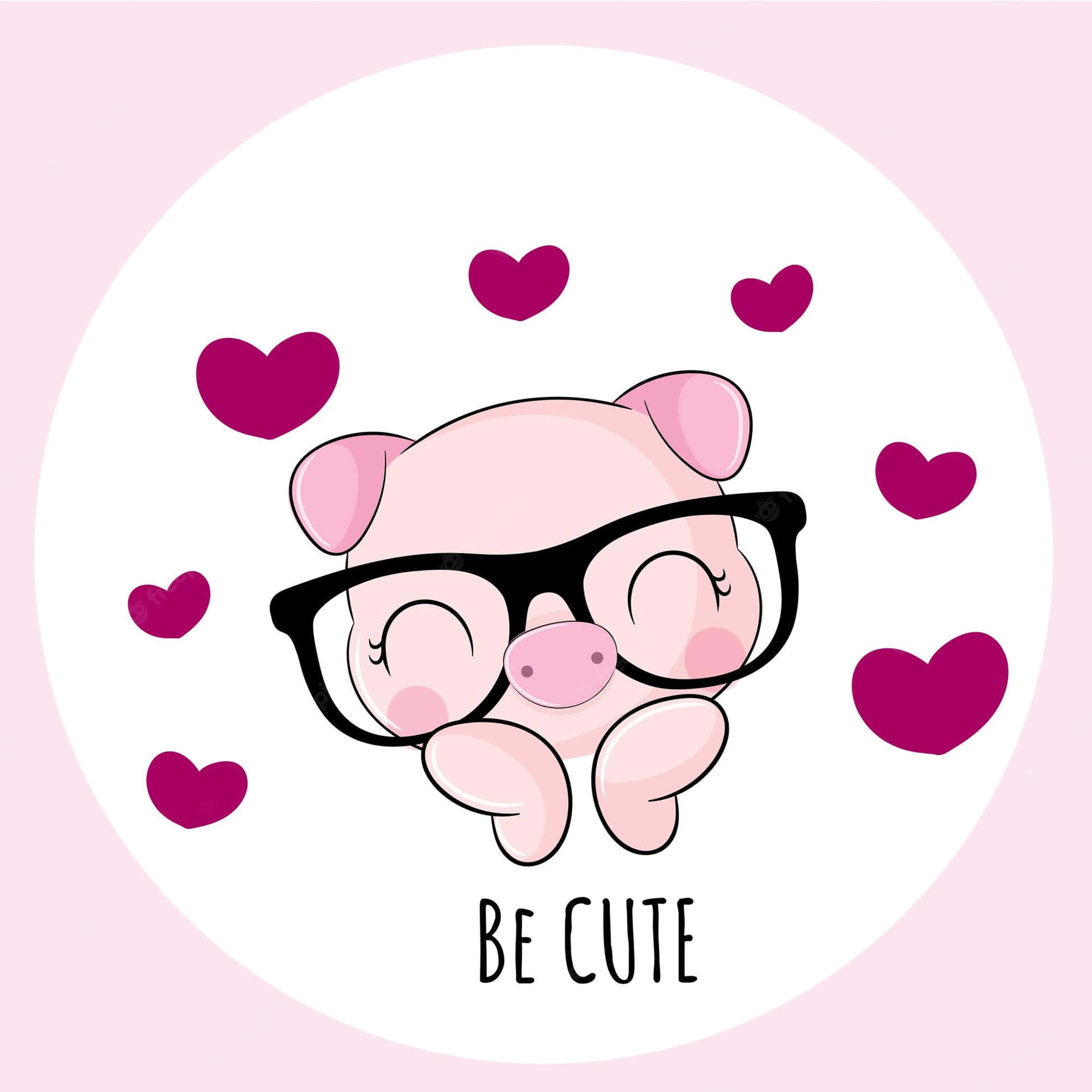 一隻戴著眼鏡微笑的卡通豬，被心形環繞，並帶有文字 be cute。 — 可愛豬豬 GIF 壁紙